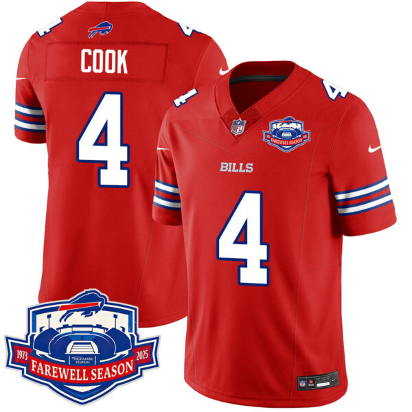 Buffalo Bills 2025 Jersey All Stitched – Farewell to Highmark Stadium Red James Cook – 4 Jersey