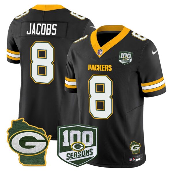 Green Bay Packers 100th Season & Home Patch Vapor Limited Jersey – All Stitched – Black – Josh Jacobs Jersey