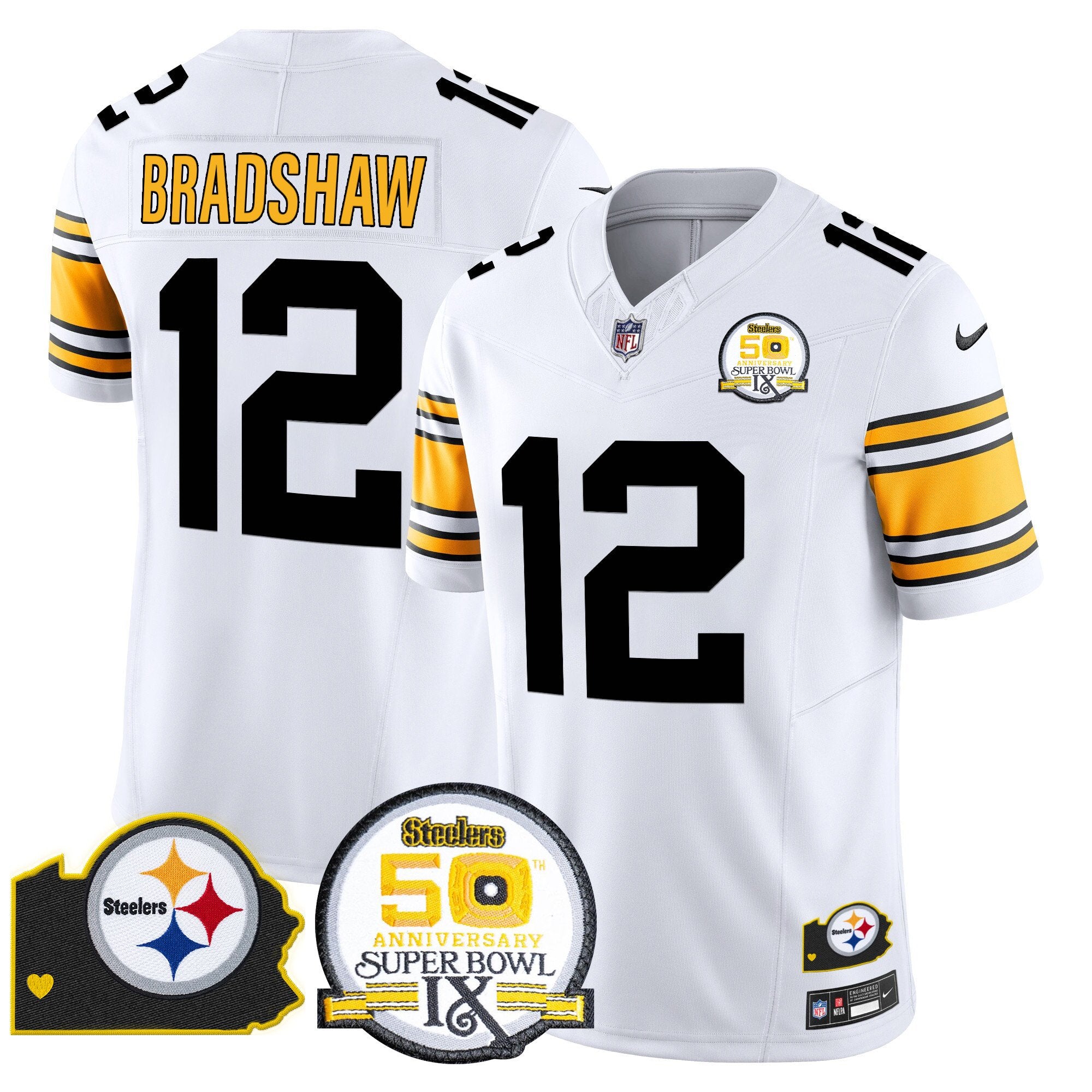 Steelers 50th Anniversary Of Super Bowl IX & Map Patch Vapor Limited Jersey – All Stitched – 1975 White – Terry Bradshaw Jersey