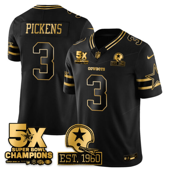 Dallas Cowboys 5-Time Champions Patch Vapor Limited Gold Jersey – All Stitched – Black Gold – George Pickens Jersey