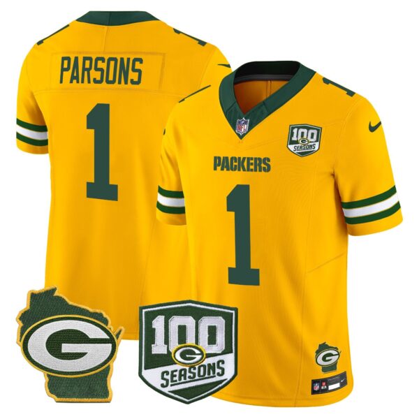 Green Bay Packers 100th Season & Home Patch Vapor Limited Jersey – All Stitched – Gold – Micah Parsons Jersey