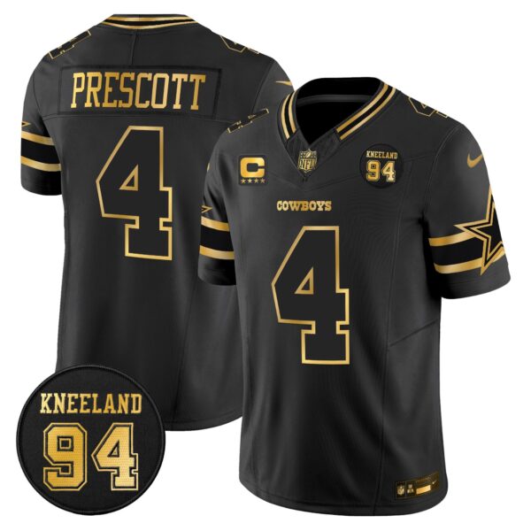Dallas Cowboys #94 Marshawn Kneeland Memorial Patch Gold Vapor Limited Jersey – All Stitched – Black Gold – Dak Prescott Jersey