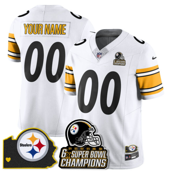 Custom Pittsburgh Steelers 6-Time Champions Patch Vapor Limited Jersey – All Stitched – White Jersey