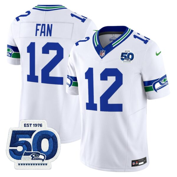 Seattle Seahawks Throwback Vapor Limited Jersey – 50th Anniversary Patch – All Stitched – White – 12th Fan Jersey