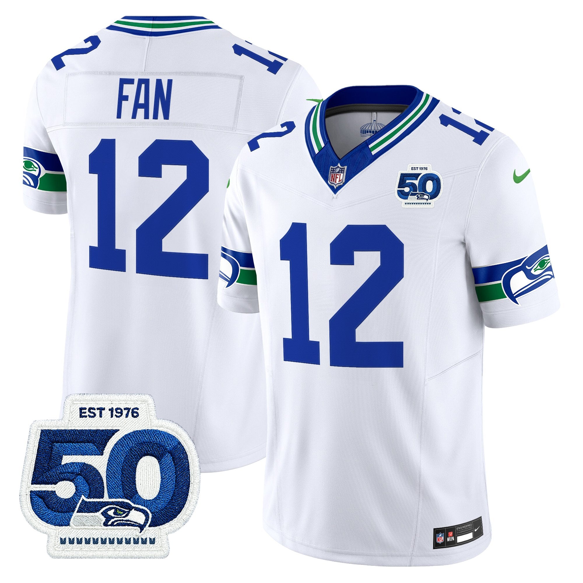Seattle Seahawks Throwback Vapor Limited Jersey – 50th Anniversary Patch – All Stitched – White – 12th Fan Jersey
