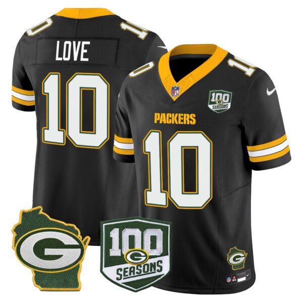 Green Bay Packers 100th Season & Home Patch Vapor Limited Jersey – All Stitched – Black – Jordan Love Jersey