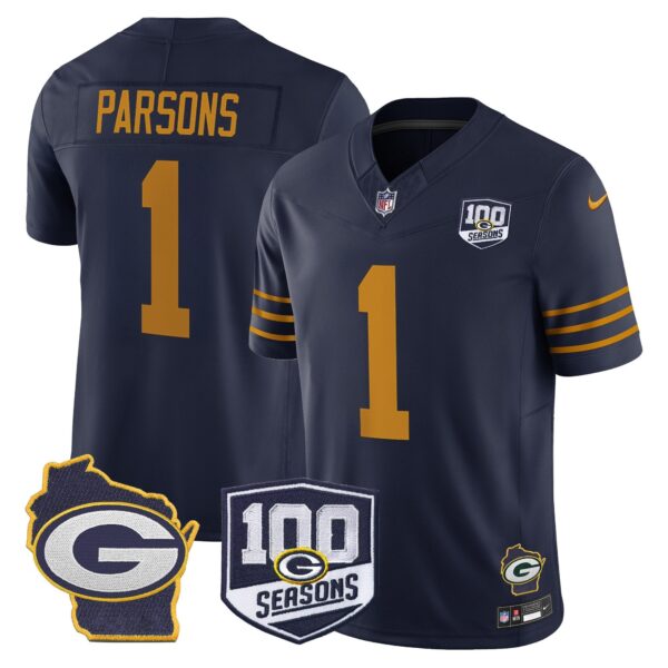 Green Bay Packers 100th Season & Home Patch Vapor Limited Jersey – All Stitched – Navy – Micah Parsons Jersey