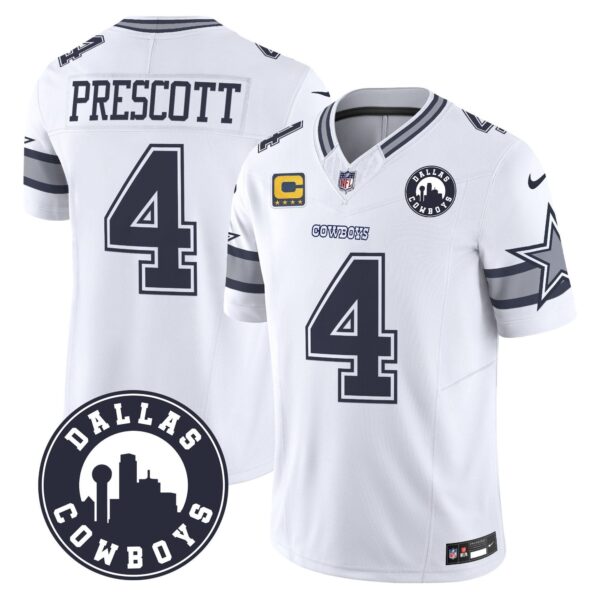 Cowboys “Dallas City” Patch Vapor Limited Jersey – All Stitched – White – Dak Prescott Jersey