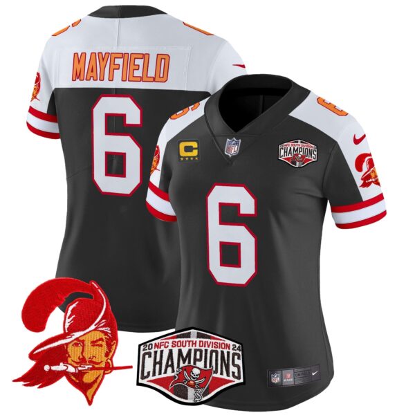 Women’s Tampa Bay Buccaneers Creamsicle 2024 NFC South Division Champions Patch Vapor Limited Jersey – All Stitched – Black Alternate – Baker Mayfield Jersey