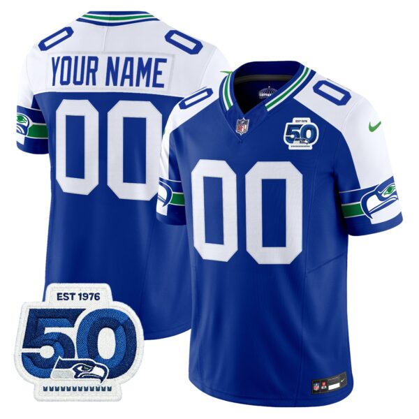 Seattle Seahawks Throwback Vapor Limited Custom Jersey – 50th Anniversary Patch – All Stitched – Royal Alternate Jersey