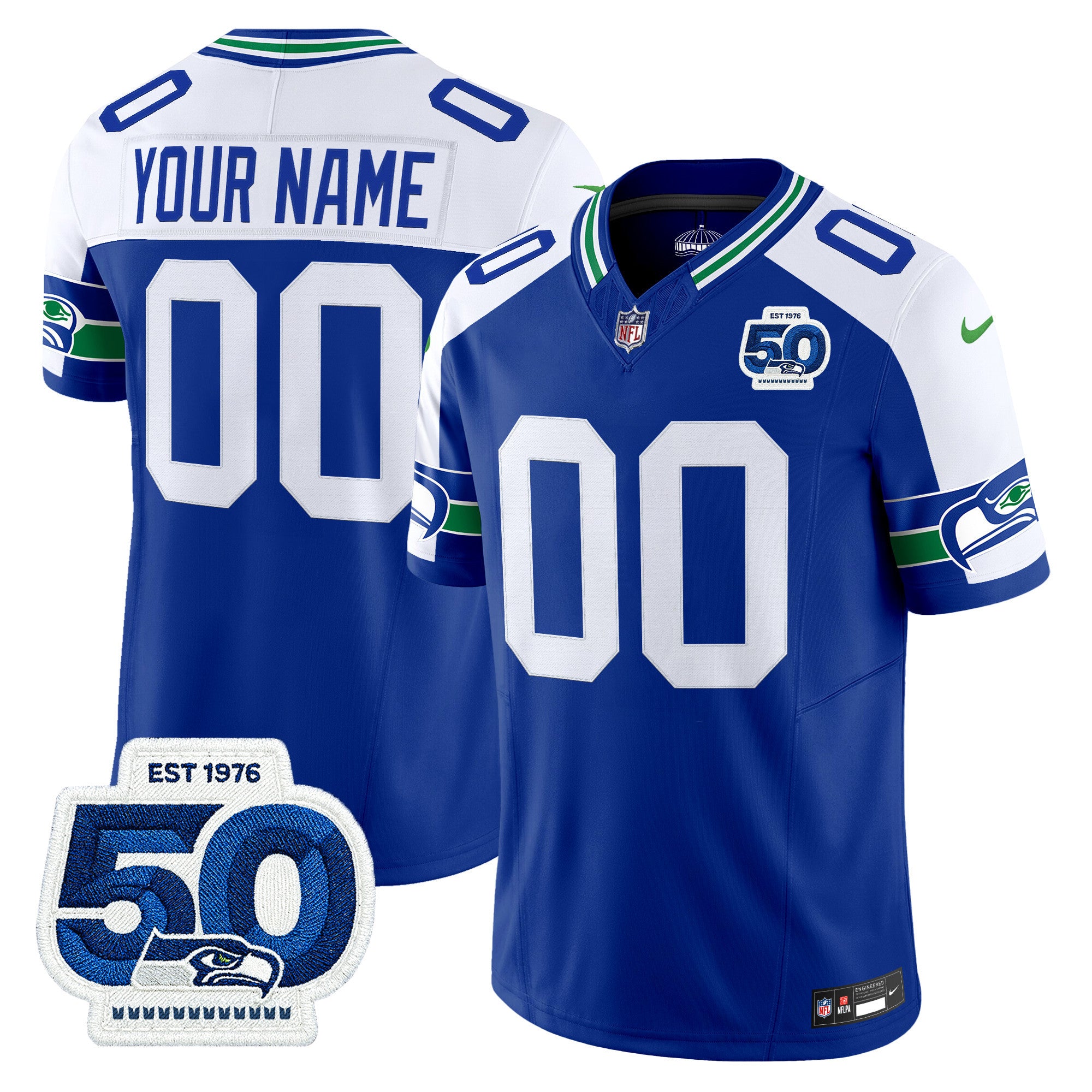 Seattle Seahawks Throwback Vapor Limited Custom Jersey – 50th Anniversary Patch – All Stitched – Royal Alternate Jersey