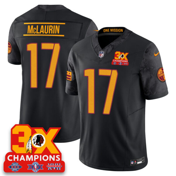Washington Commanders 3-Time Champions Patch Vapor Limited Jersey – All Stitched – Black – Terry McLaurin Jersey