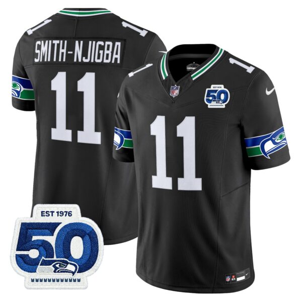 Seattle Seahawks Throwback Vapor Limited Jersey – 50th Anniversary Patch – All Stitched – Black – Smith-Njigba Jersey