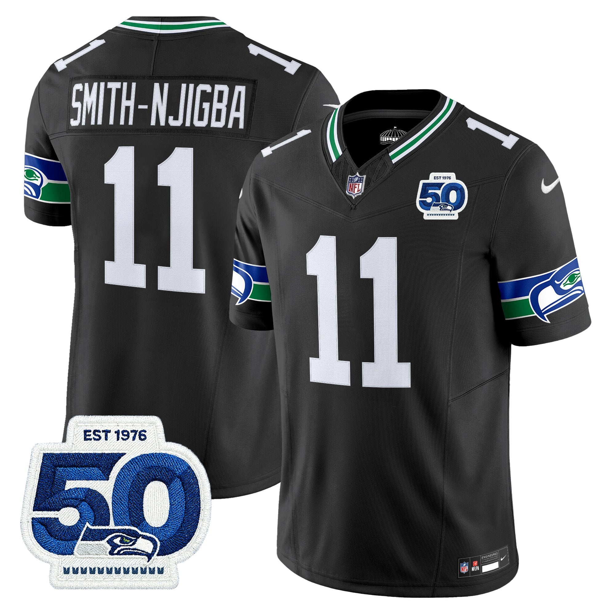 Seattle Seahawks Throwback Vapor Limited Jersey – 50th Anniversary Patch – All Stitched – Black – Smith-Njigba Jersey