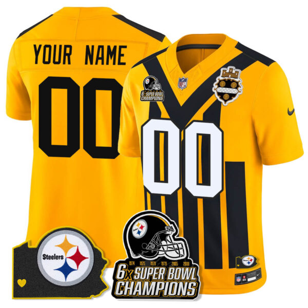 Custom Pittsburgh Steelers 6-Time Champions Patch Vapor Limited Jersey – All Stitched – Gold Jersey