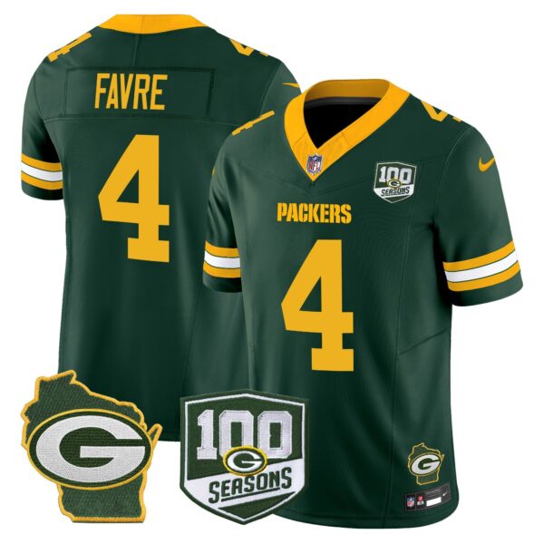 Green Bay Packers 100th Season & Home Patch Vapor Limited Jersey – All Stitched – Green – Brett Favre Jersey