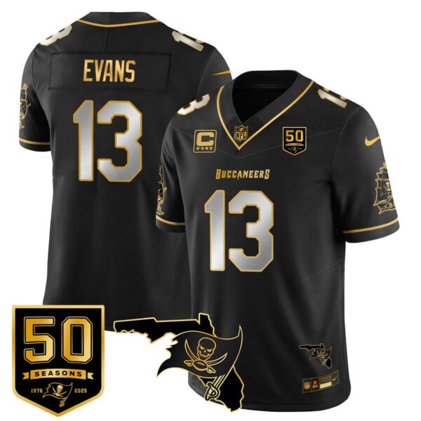 Tampa Bay Buccaneers 50th Season Limited Gold Jersey – All Stitched – Black Limited – Mike Evans Jersey
