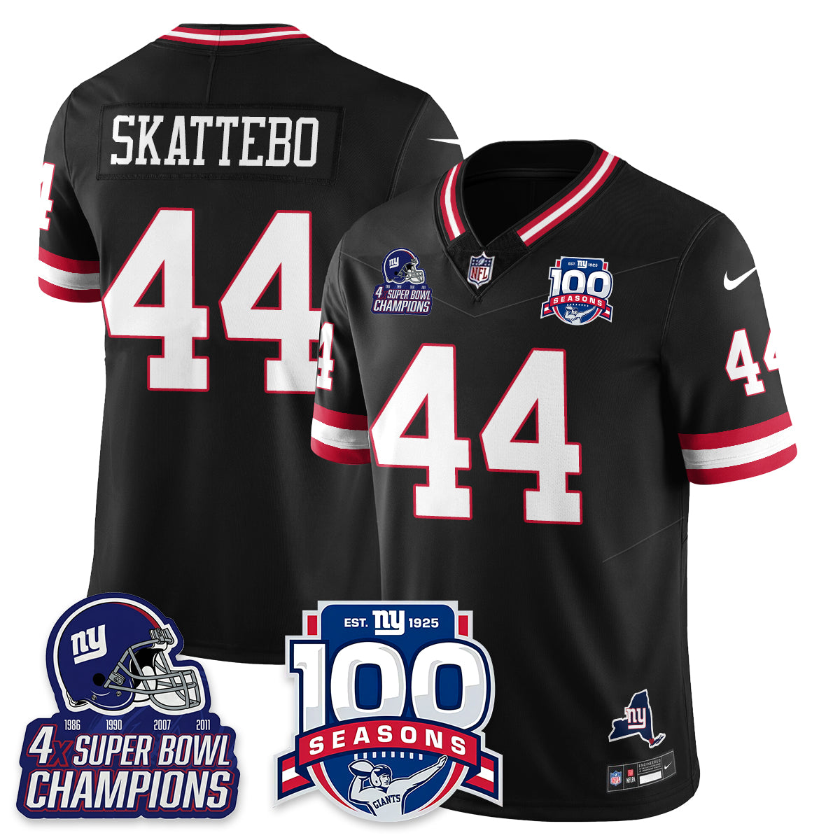 New York Giants 4-Time Champions Vapor Limited Jersey- 100th Season – All Stitched – Black – Cam Skattebo Jersey