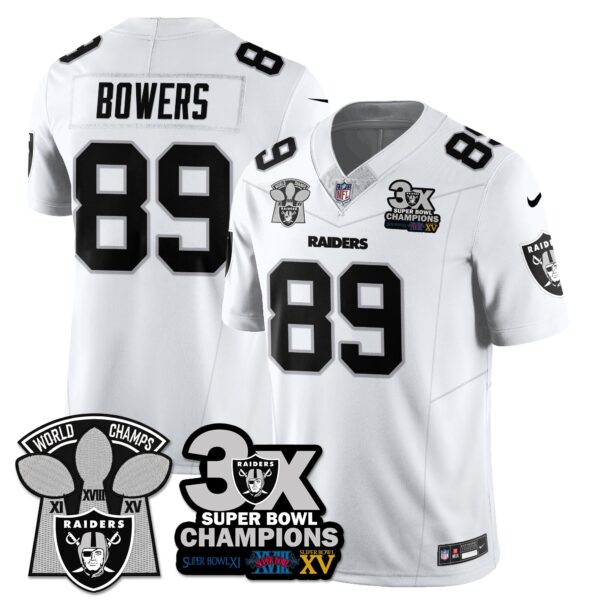Las Vegas Raiders 3-Time Champions Patch Vapor Limited Jersey – All Stitched – White – Brock Bowers Jersey