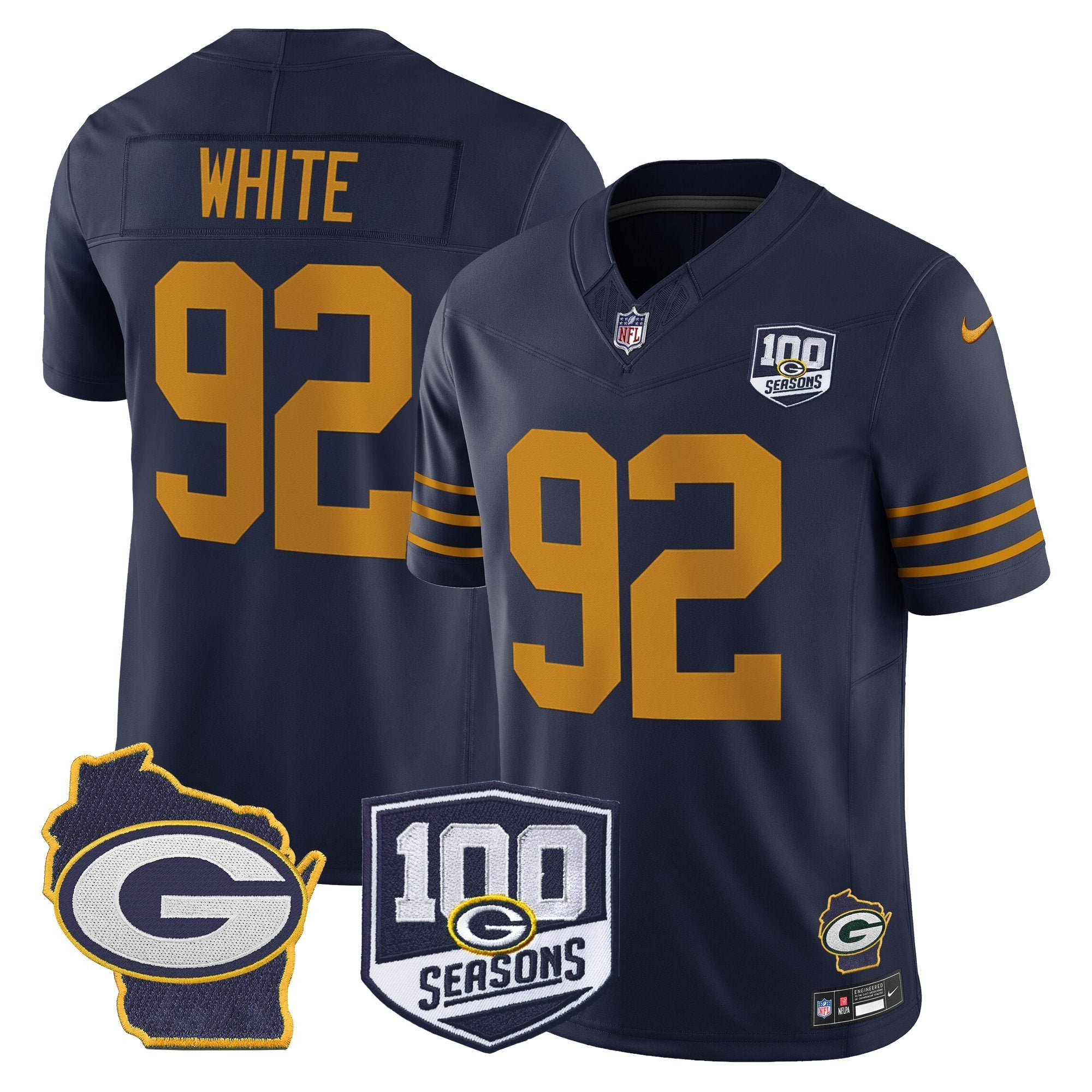 Green Bay Packers 100th Season & Home Patch Vapor Limited Jersey – All Stitched – Navy – Reggie White Jersey