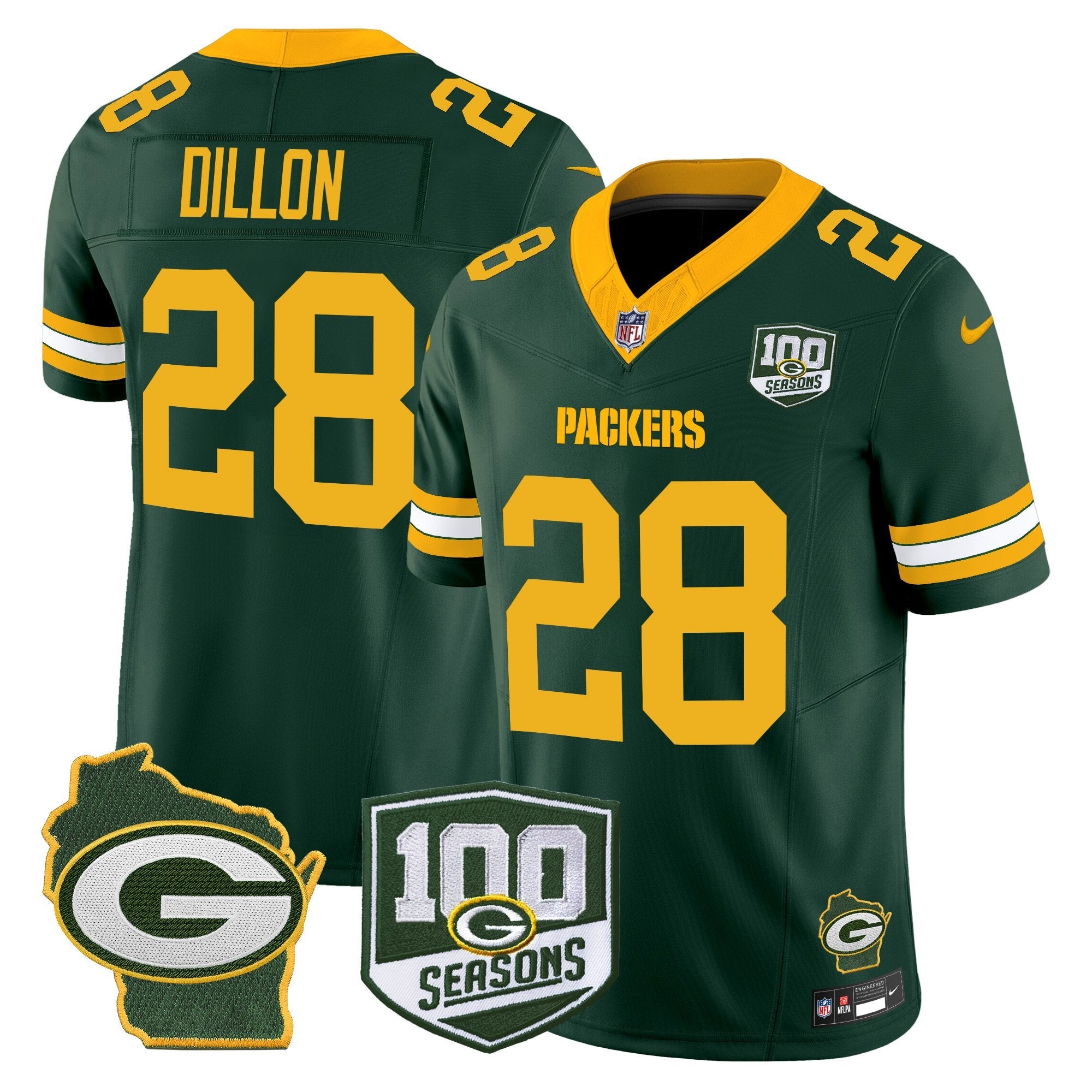 Green Bay Packers 100th Season & Home Patch Vapor Limited Jersey – All Stitched – Green – AJ Dillon Jersey