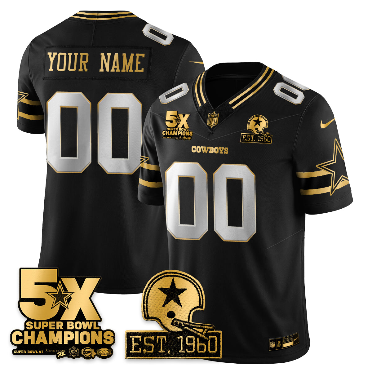 Dallas Cowboys 5-Time Champions Patch Vapor Limited Gold Custom Jersey – All Stitched – Black Limited Jersey