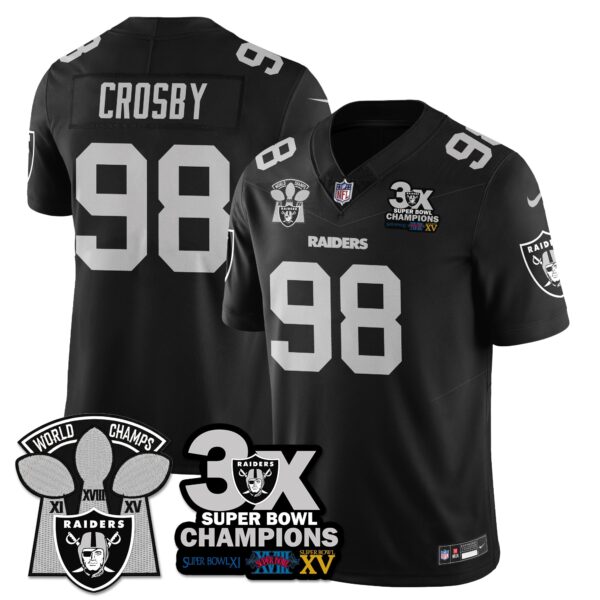 Las Vegas Raiders 3-Time Champions Patch Vapor Limited Jersey – All Stitched – Black – Maxx Crosby Jersey