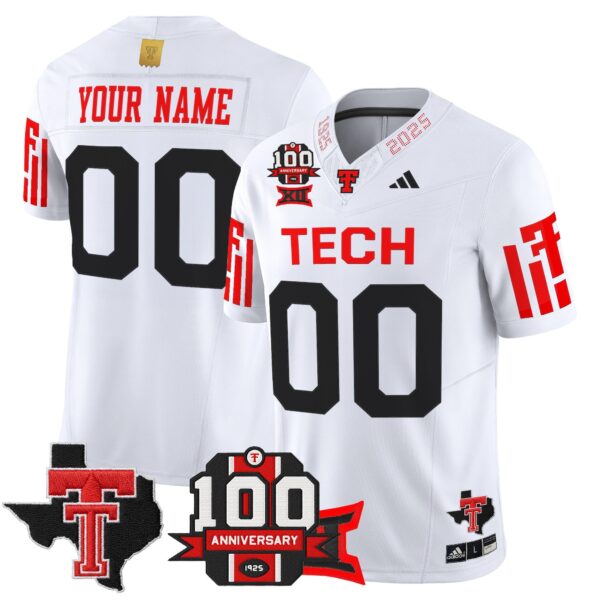 Texas Tech Red Raiders 2025 Vapor Limited Custom Jersey – 100th Anniversary & Texas Patch – All Stitched – White Jersey