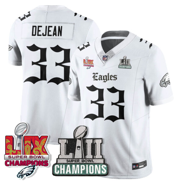 Philadelphia Eagles ‘Gothic Philly’ LII-LIX Super Bowl Champions Vapor Limited Jersey – All Stitched – White – Cooper DeJean Jersey