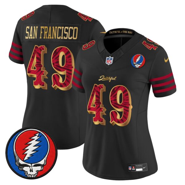 Women’s San Francisco 49ers x Grateful Dead Rivalries Vapor Limited Jersey – Rivalries Edition – All Stitched – Black Gold – #49 San Francisco Jersey