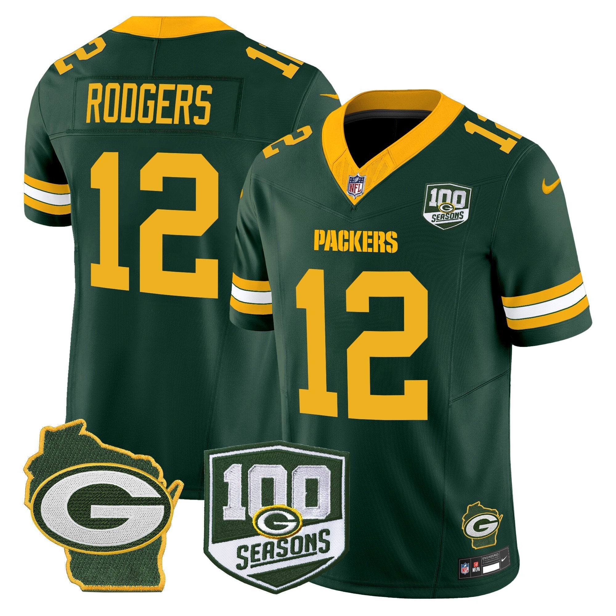 Green Bay Packers 100th Season & Home Patch Vapor Limited Jersey – All Stitched – Green – Aaron Rodgers Jersey