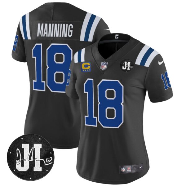 Women’s Indianapolis Colts 2025 Jim Irsay Patch Vapor Limited Jersey – All Stitched – Black – Peyton Manning Jersey
