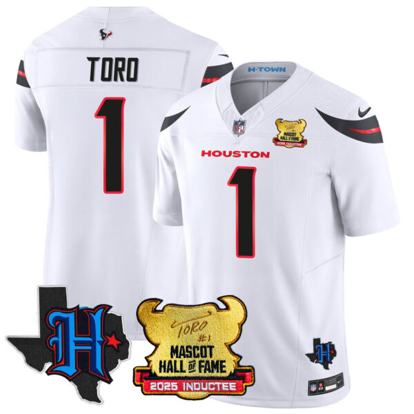 Men’s Houston Texans 2025 Mascot Hall Of Fame Jersey – All Stitched White Toro – 1 Jersey
