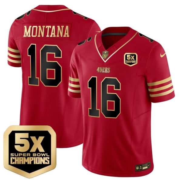 49ers 5x Super Bowl Champions Vapor Limited Jersey – All Stitched – Black Scarlet – Joe Montana Jersey