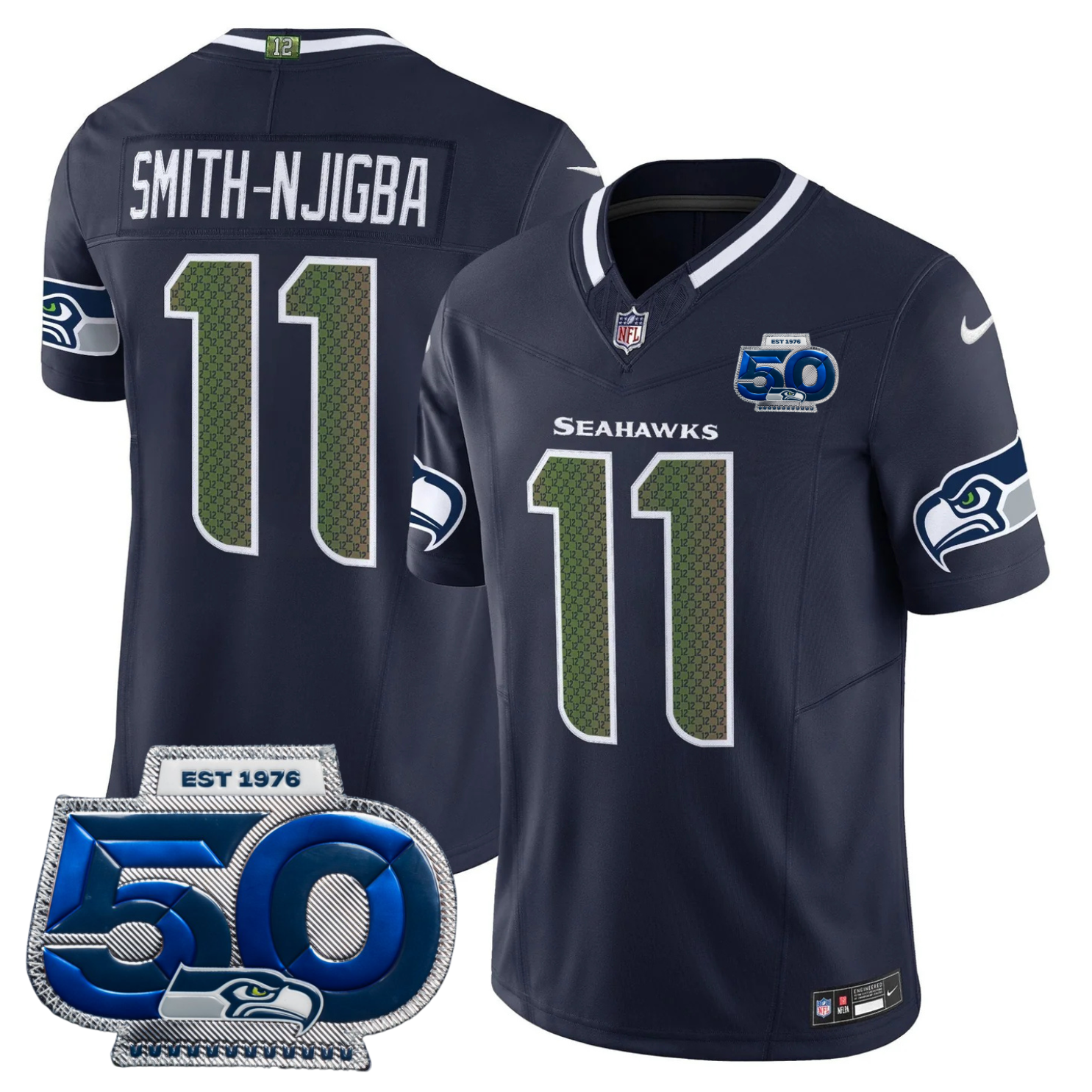 Seattle Seahawks 2025 “Rivalries” 50th Season Patch Vapor Limited Jersey – All Stitched – College Navy – Smith-Njigba Jersey
