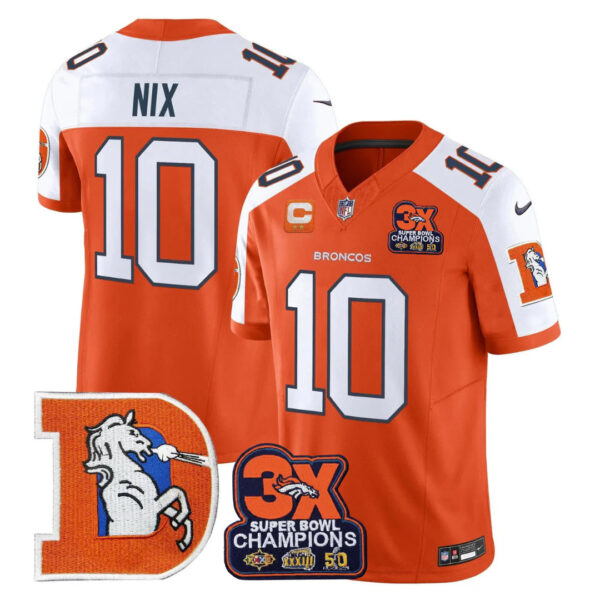 Denver Broncos Throwback 3-Times Champions Patch Vapor Limited Jersey – All Stitched – Orange Alternate – Bo Nix Jersey