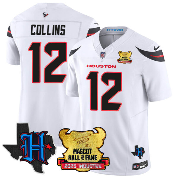 Women’s Houston Texans 2025 Mascot Hall Of Fame Jersey – All Stitched White Nico Collins – 12 Jersey
