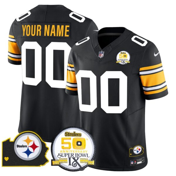 Steelers 50th Anniversary Of Super Bowl IX & Map Patch Vapor Limited Custom Jersey – All Stitched – 1975 Throwback Jersey