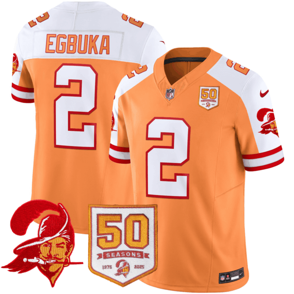 Men’s Tampa Bay Buccaneers Throwback 50th Season Patch Vapor Limited Jersey – All Stitched Creamsicle Aternate Emeka Egbuka Jersey