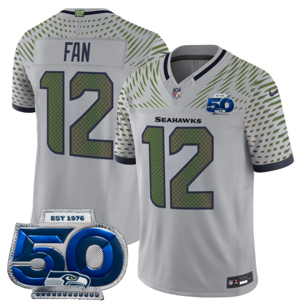 Seattle Seahawks 2025 “Rivalries” 50th Season Patch Vapor Limited Jersey – All Stitched – Gray Rivalries – 12th Fan Jersey