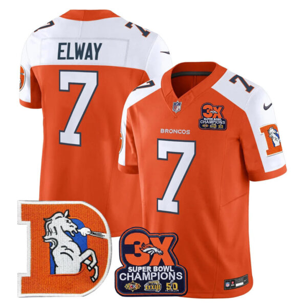 Denver Broncos Throwback 3-Times Champions Patch Vapor Limited Jersey – All Stitched – Orange Alternate – John Elway Jersey