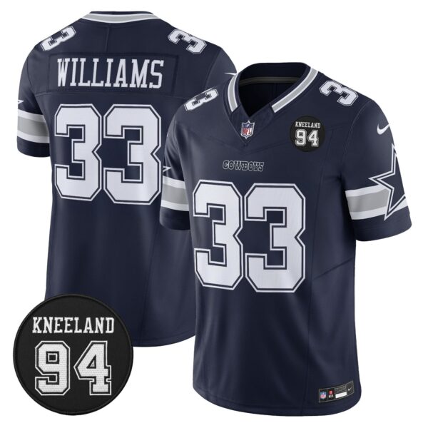 Dallas Cowboys #94 Marshawn Kneeland Memorial Patch Vapor Limited Jersey – All Stitched – Navy – Javonte Williams Jersey