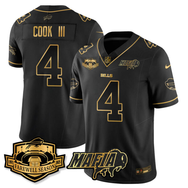 Buffalo Bills2025 Bills Mafia Patch Gold Vapor Limited Jersey – All Stitched – Black Gold – James Cook III Jersey