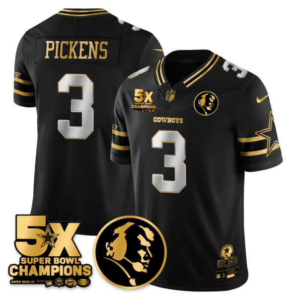 Dallas Cowboys 5-Time Champions Vapor Limited Gold Jersey – John Madden Patch – All Stitched – Black Limited – George Pickens Jersey