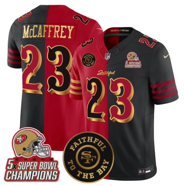 San Fransisco 49ers 2025 “Rivalries” 5x Champions & Faithful To The Bay Patch Vapor Limited Jersey – All Stitched – Split – Christian McCaffrey Jersey