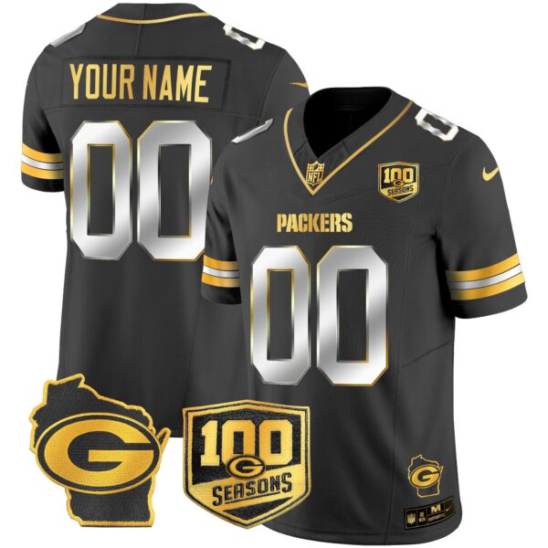 Green Bay Packers 100th Season & Home Patch Gold Vapor Limited Custom Jersey ? All Stitched – Black Limited Jersey