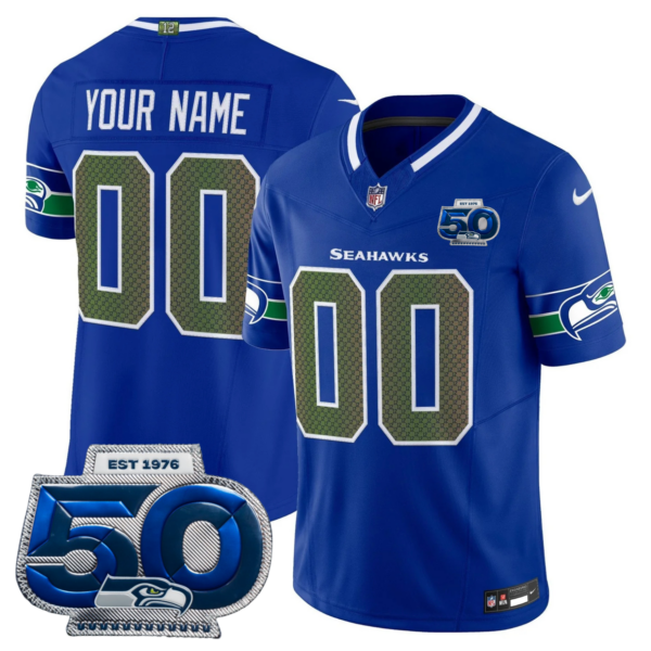 Custom Seattle Seahawks 2025 “Rivalries” 50th Season Patch Vapor Limited Jersey – All Stitched – Royal Jersey