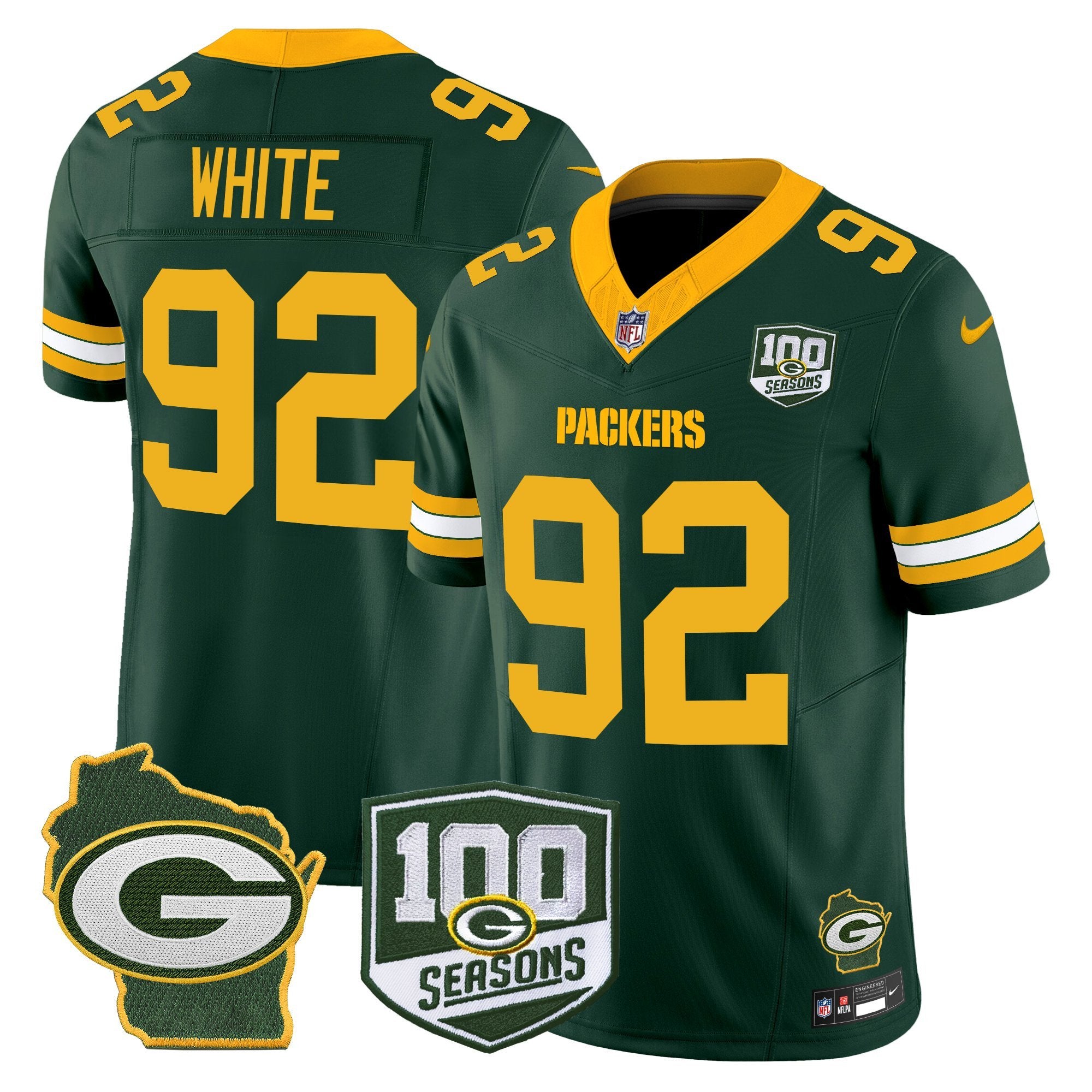 Green Bay Packers 100th Season & Home Patch Vapor Limited Jersey – All Stitched – Green – Reggie White Jersey