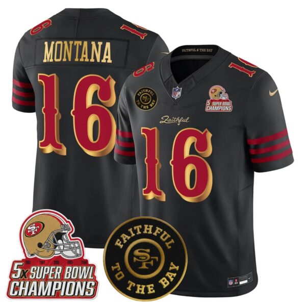 San Fransisco 49ers 2025 “Rivalries” 5x Champions & Faithful To The Bay Patch Vapor Limited Jersey – All Stitched – Black Rivalries – Joe Montana Jersey