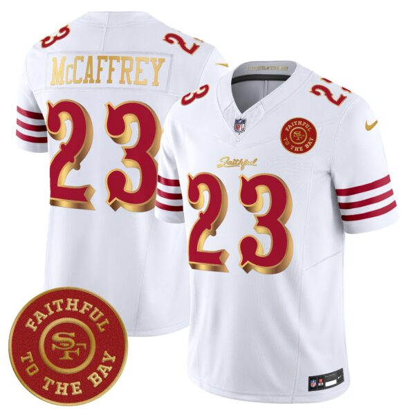San Francisco 49ers Rivalries Vapor Limited Jersey – Faithful To The Bay Patch – All Stitched – White Gold – Christian McCaffrey Jersey